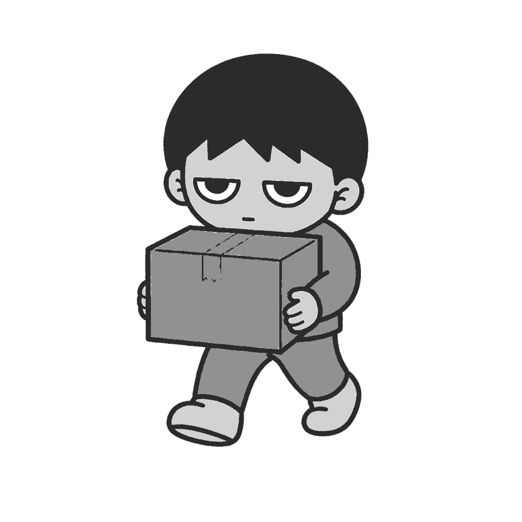 段ボールを運ぶ子どものイラスト(モノクロ)