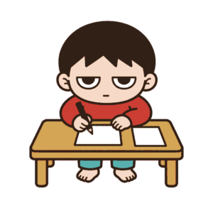 低い机で白い年賀はがきに鉛筆を添えるじとめの子どもの全身イラスト（カラー）