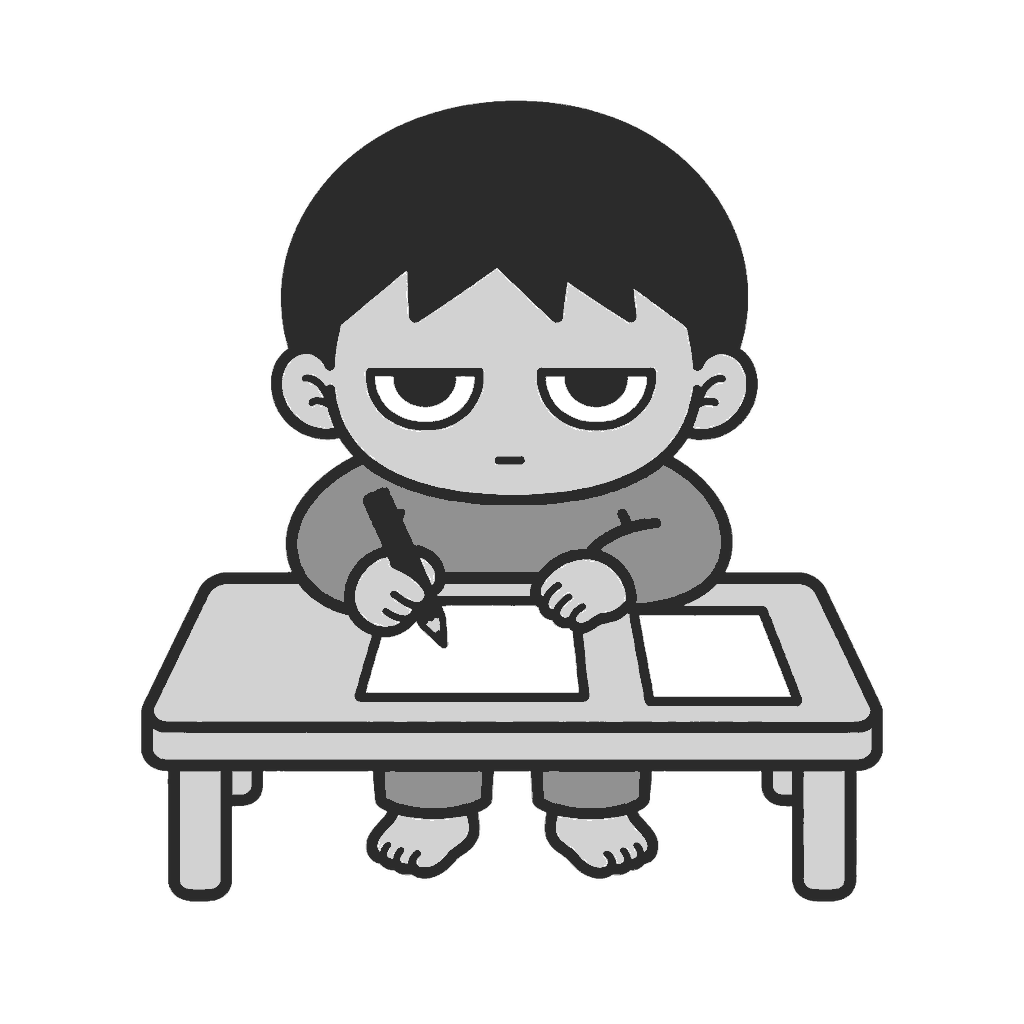 年賀状を書く子どものイラスト(モノクロ)