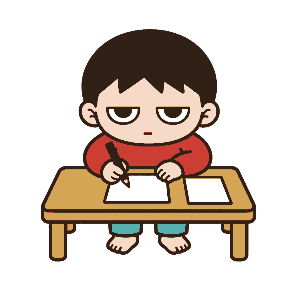 低い机で白い年賀はがきに鉛筆を添えるじとめの子どもの全身イラスト（カラー）