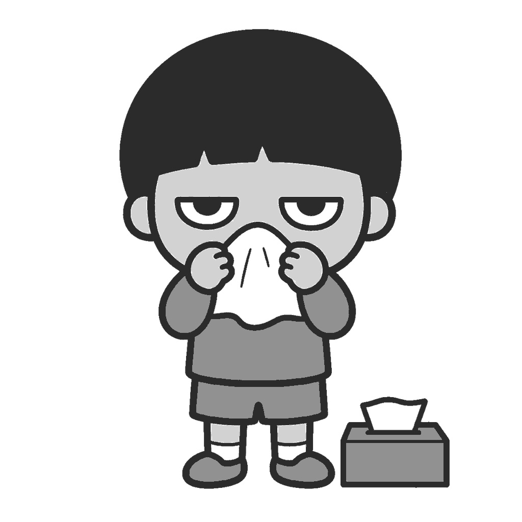 ティッシュで鼻をかむ子どものイラスト（モノクロ）