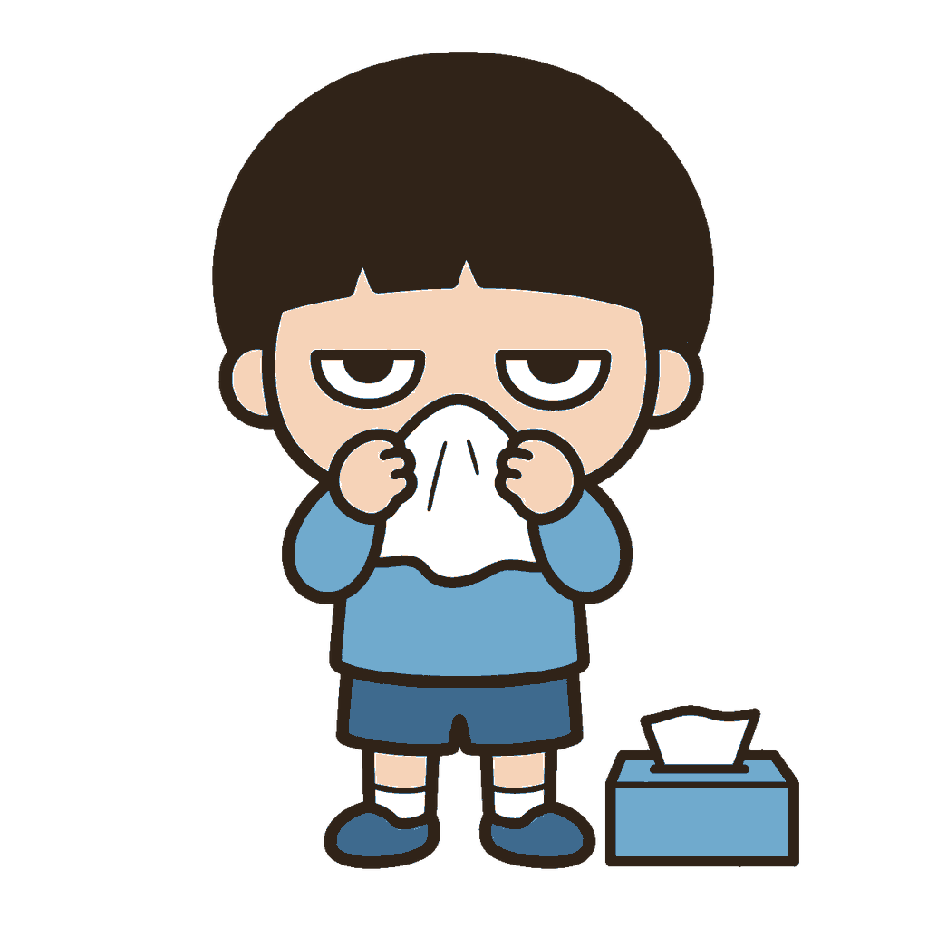 ティッシュで鼻をかむ子どものイラスト（カラー）