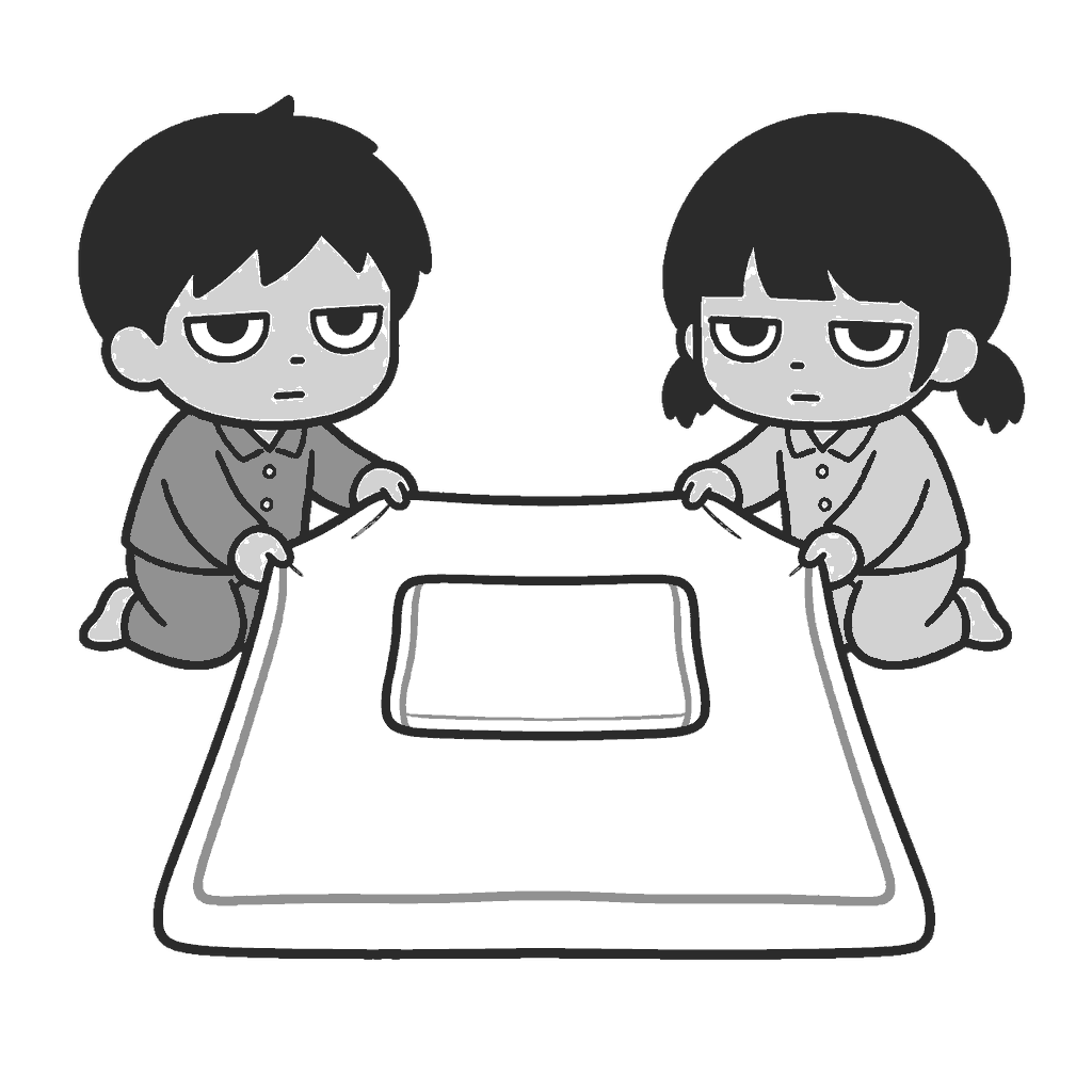 お泊まり保育で布団を敷く子どもたちのイラスト（モノクロ）