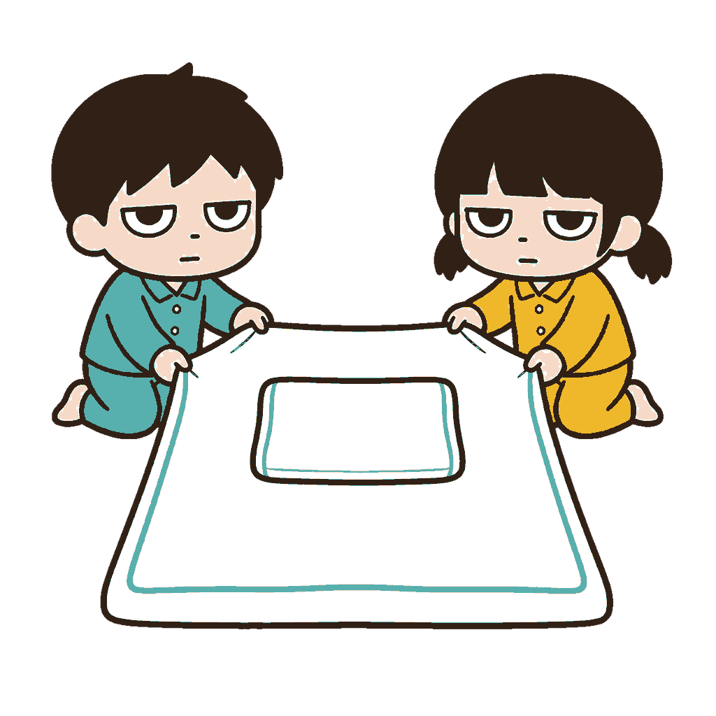 お泊まり保育で白い布団の両端を持って敷くじとめの男の子と女の子の全身イラスト（カラー）
