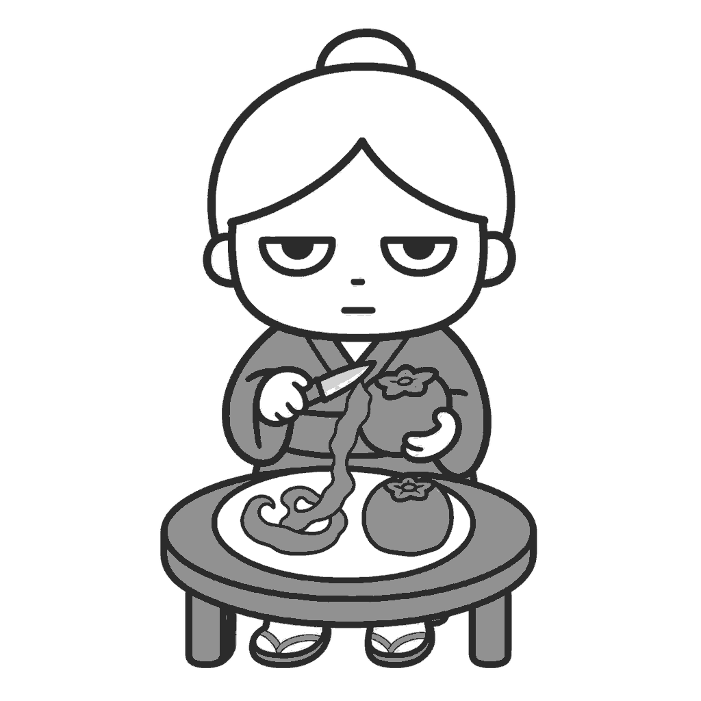 柿をむくおばあちゃんのイラスト(モノクロ)