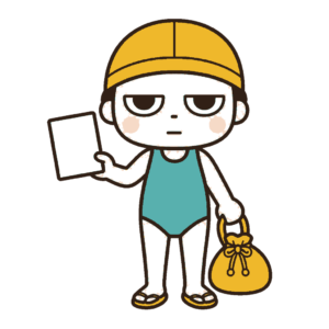 水泳帽と水着姿で無地の白いプールカードと巾着型プールバッグを持つじとめの子どもの全身イラスト（カラー）