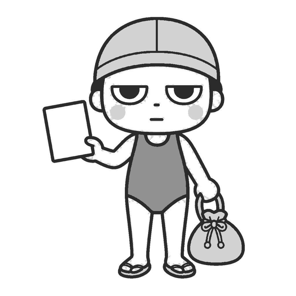 プールカードとバッグを持つ子どものイラスト(モノクロ)