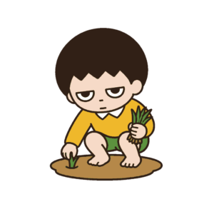 裸足で浅い泥水にしゃがみ片手で稲の苗を植えながらもう片方の手に苗の束を持つじとめの子どもの全身イラスト（カラー）