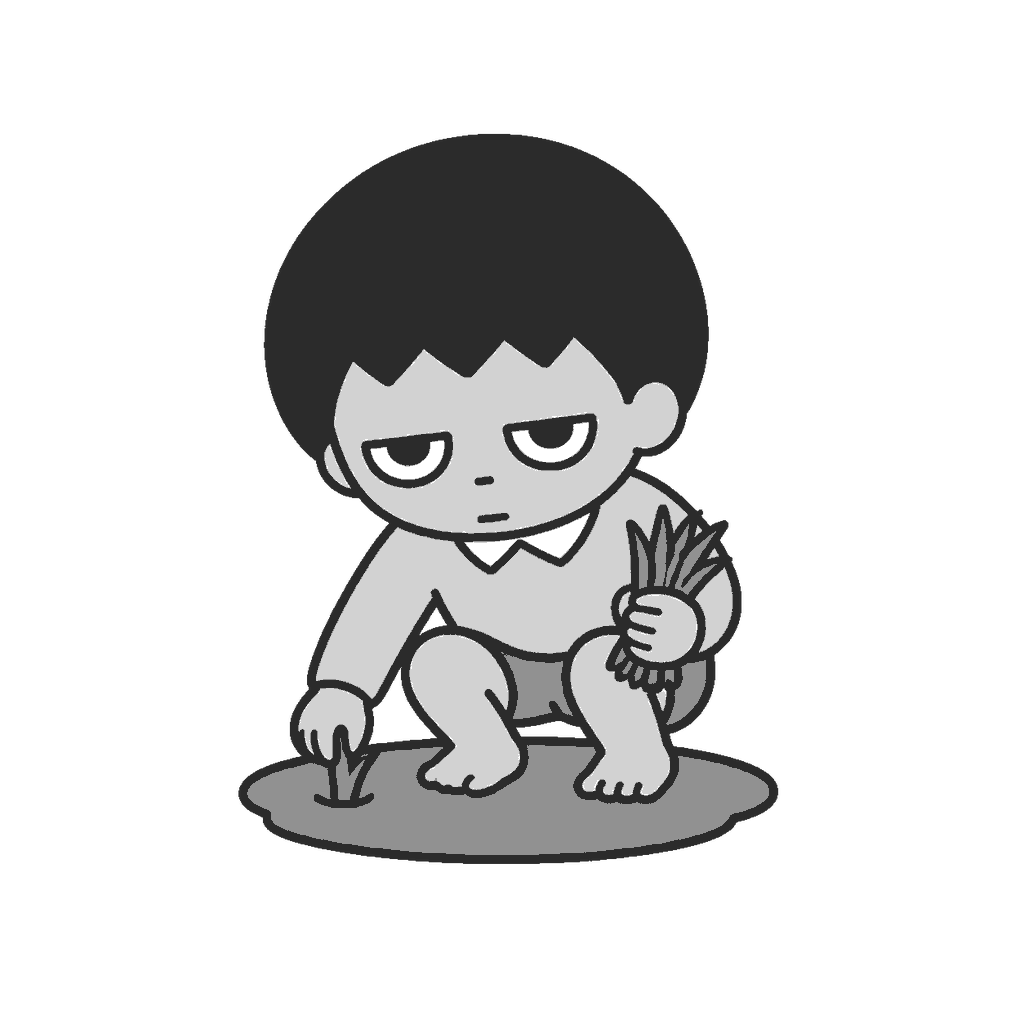 田植えをする子どものイラスト(モノクロ)