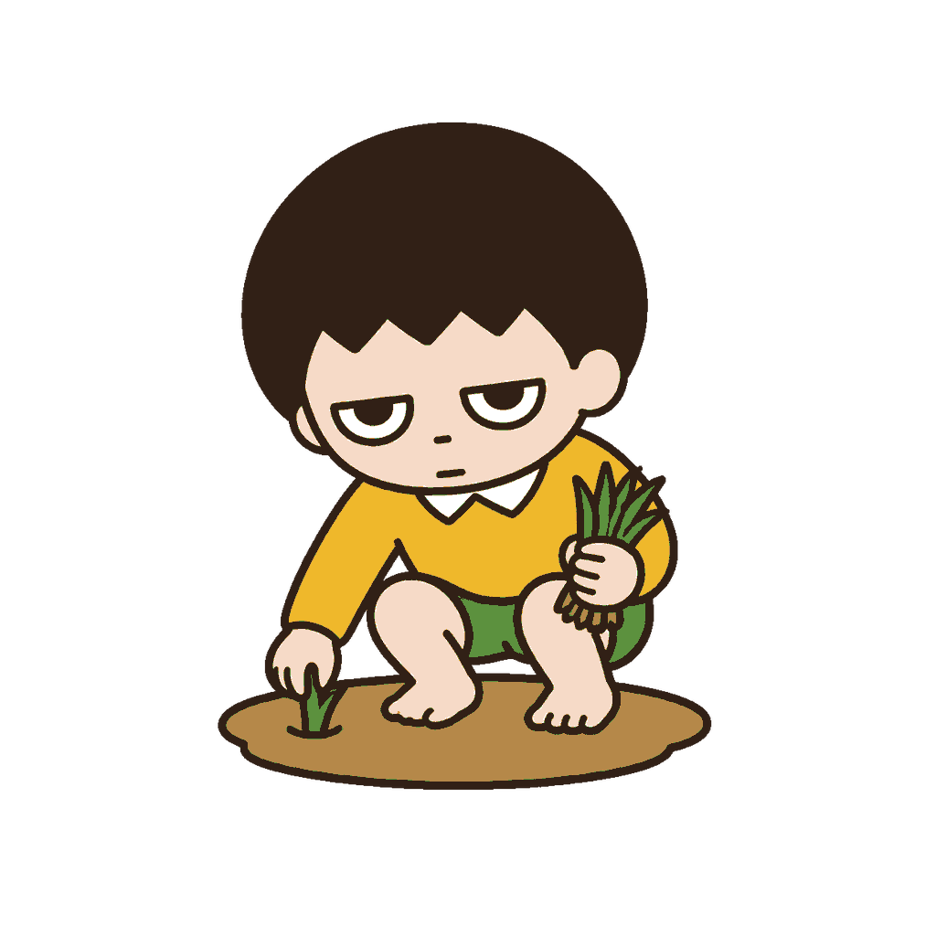 裸足で浅い泥水にしゃがみ片手で稲の苗を植えながらもう片方の手に苗の束を持つじとめの子どもの全身イラスト（カラー）