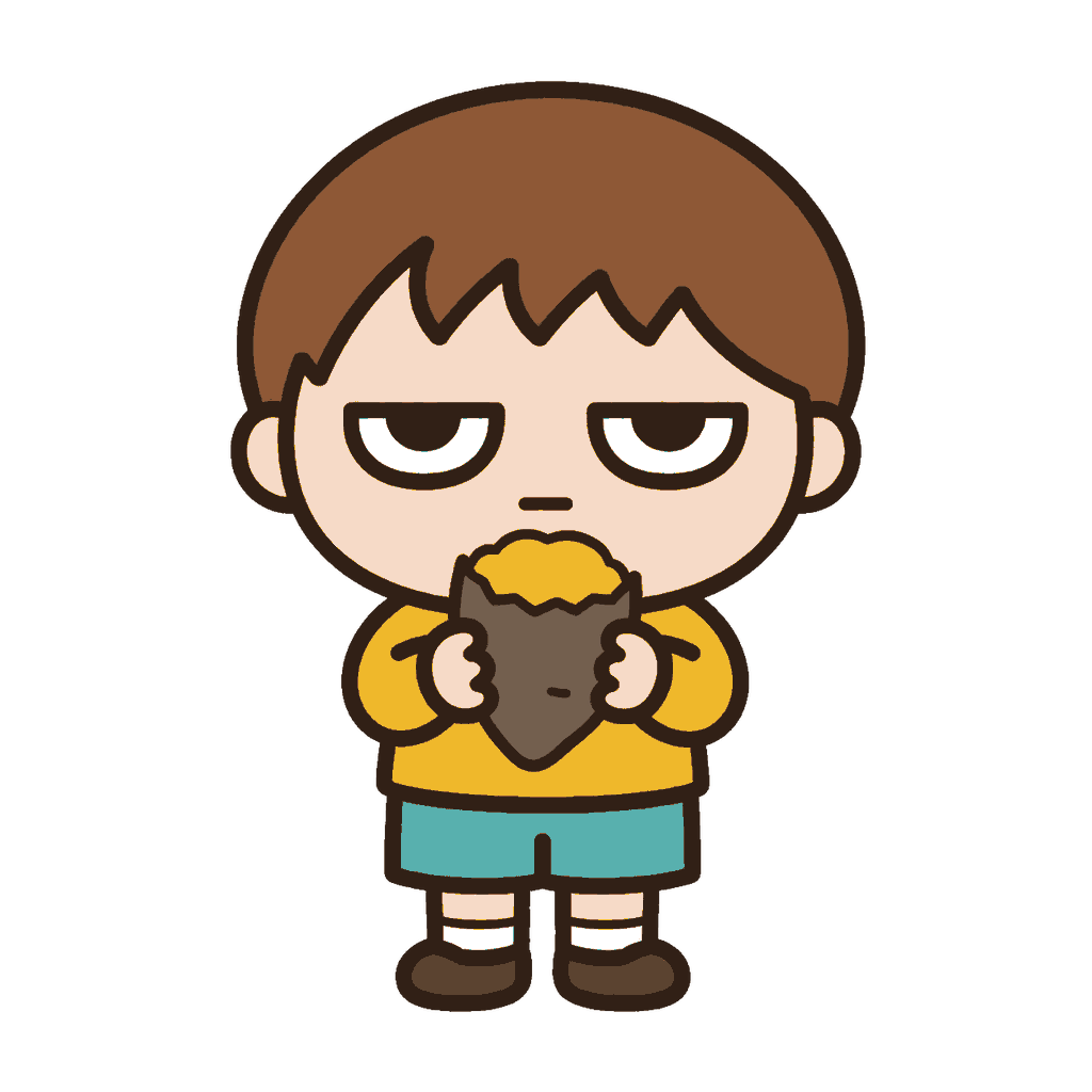 焼き芋を両手で持って食べるじとめの子どもの全身イラスト（カラー）