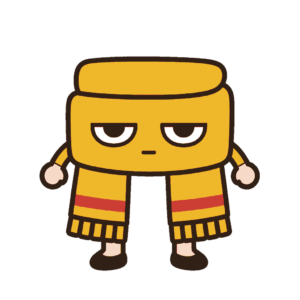 黄色いマフラーにじとめの顔と短い手足が付いた冬のキャラクター全身イラスト（カラー）