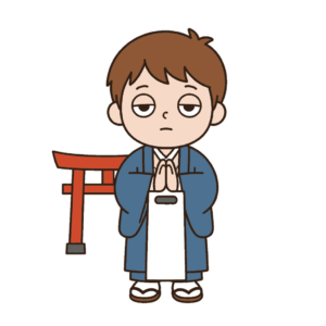 千歳飴の袋を持ち神社の鳥居の前で手を合わせるじとめの子どもの全身イラスト（カラー）