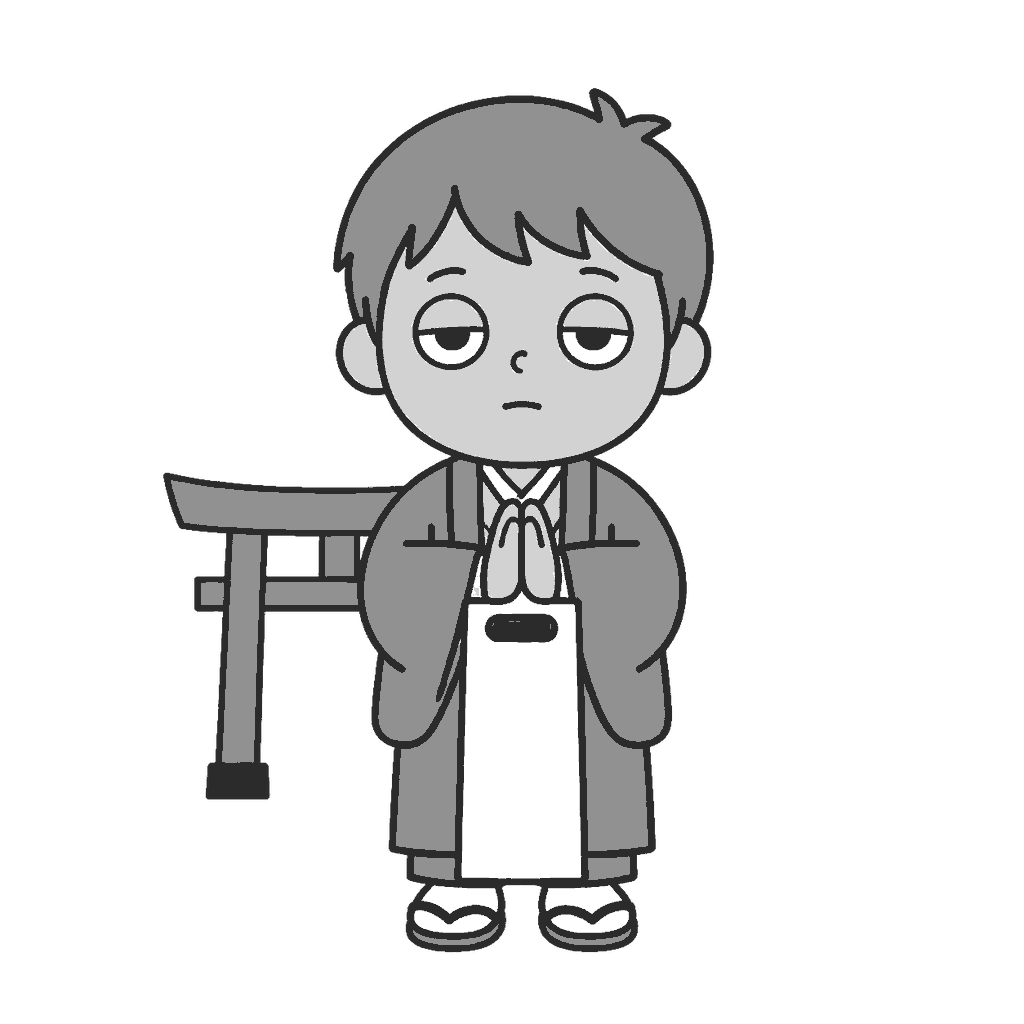 七五三参りで手を合わせる子どものイラスト(モノクロ)