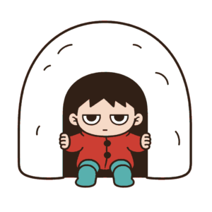 白い雪のかまくらの入口を両手でつかみ赤いコート姿で顔を出すじとめの子どもの全身イラスト（カラー）