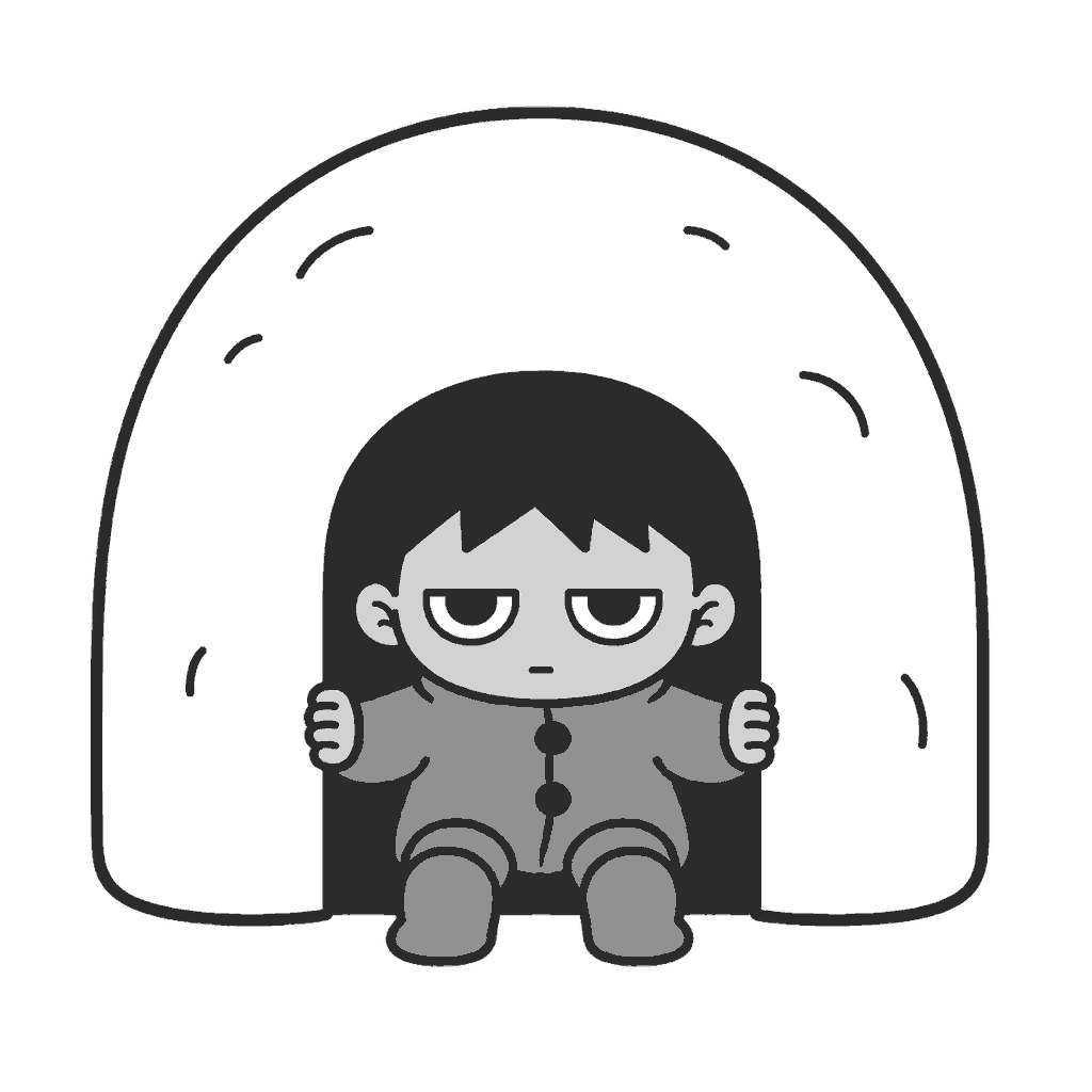 かまくらから顔を出す子どものイラスト(モノクロ)