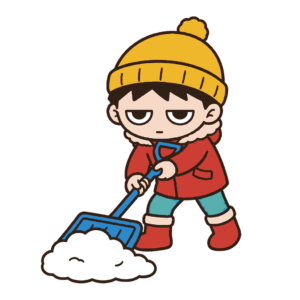 青い雪かきスコップを両手で握り白い雪の山を押すじとめの子どもの全身イラスト（カラー）