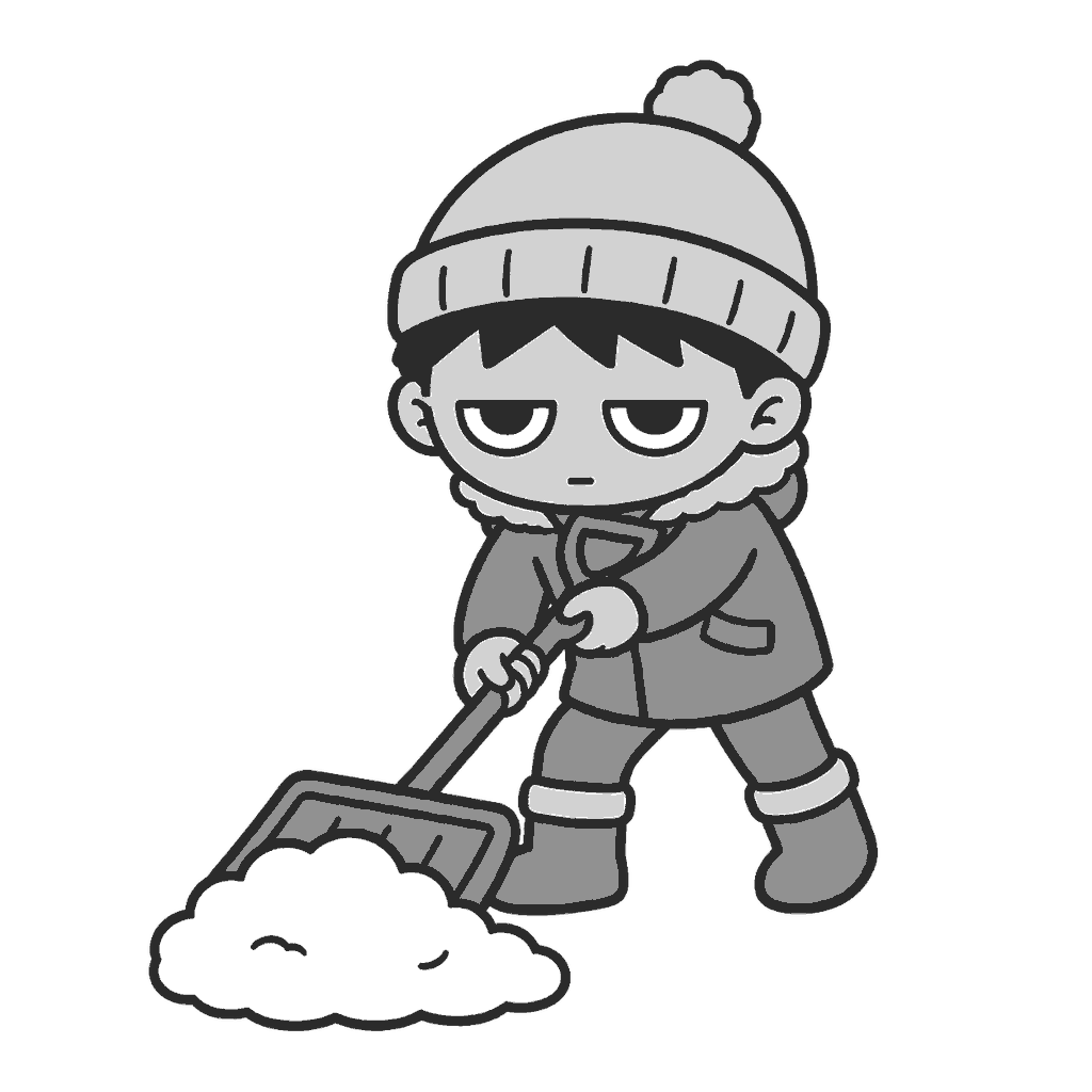 雪かきをする子どものイラスト(モノクロ)