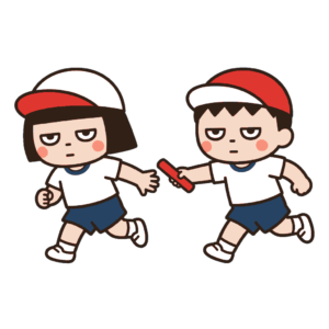 運動会のリレーで赤いバトンを渡すじとめの子ども2人の全身イラスト（カラー）
