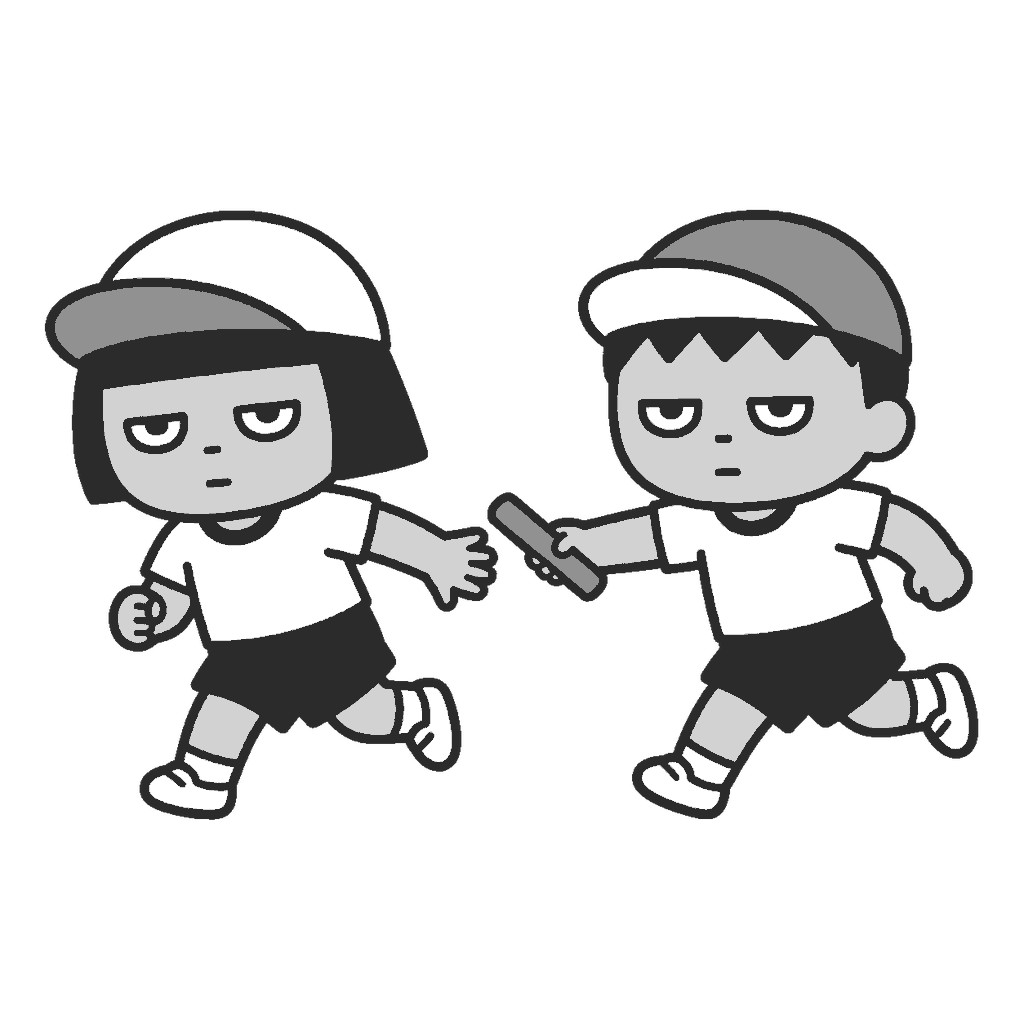 運動会でリレーのバトンを渡す子どものイラスト（モノクロ）
