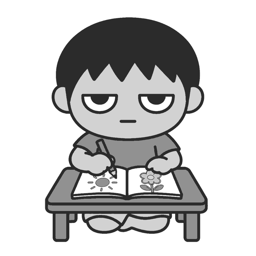 夏休みの絵日記を書く子どものイラスト(モノクロ)