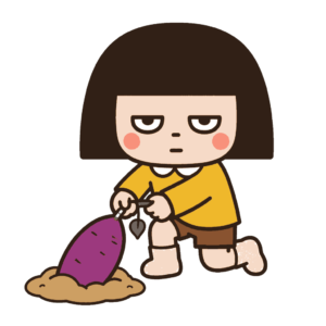 土から大きなさつまいもを引き抜くじとめの子どもの全身イラスト（カラー）