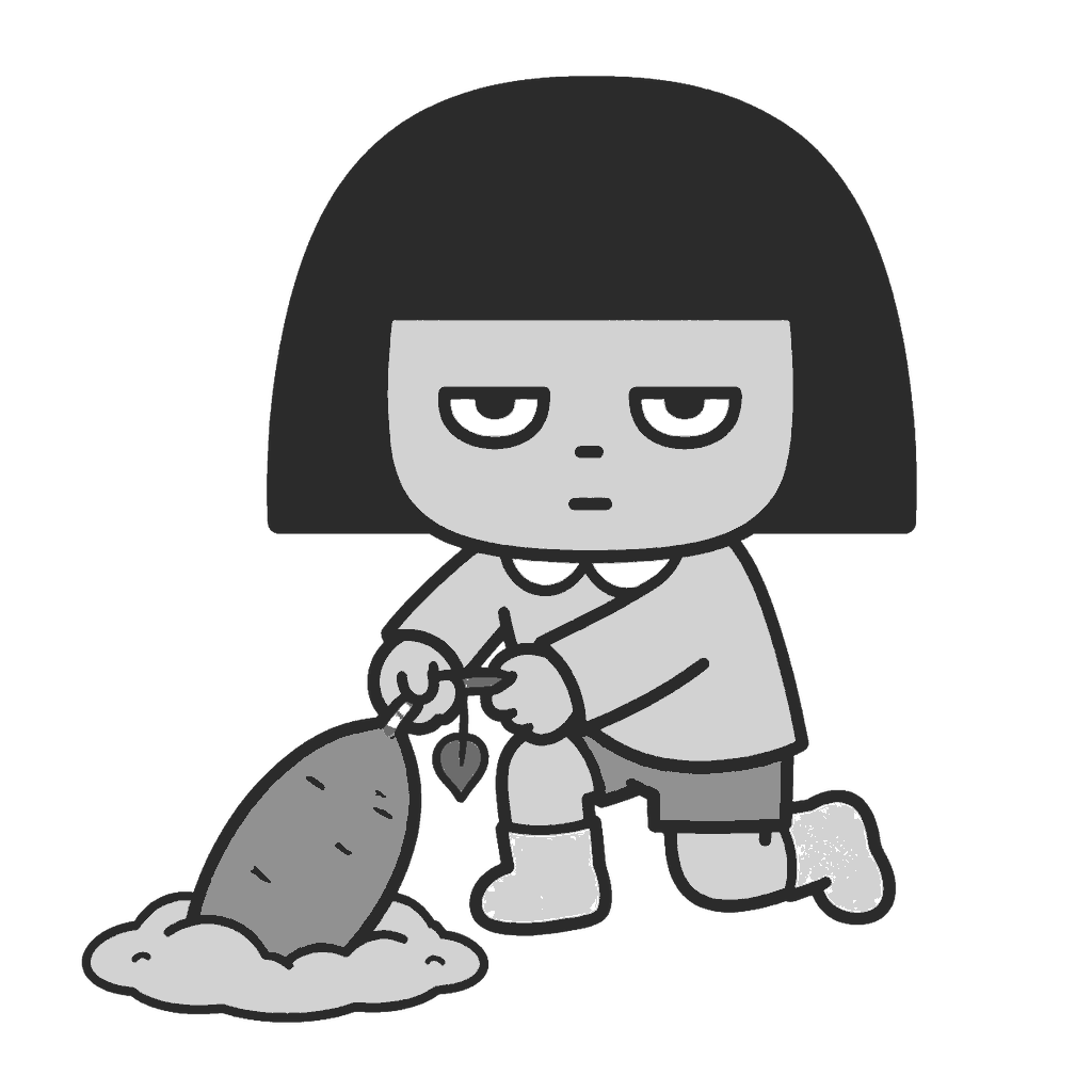 芋掘りをする子どものイラスト（モノクロ）