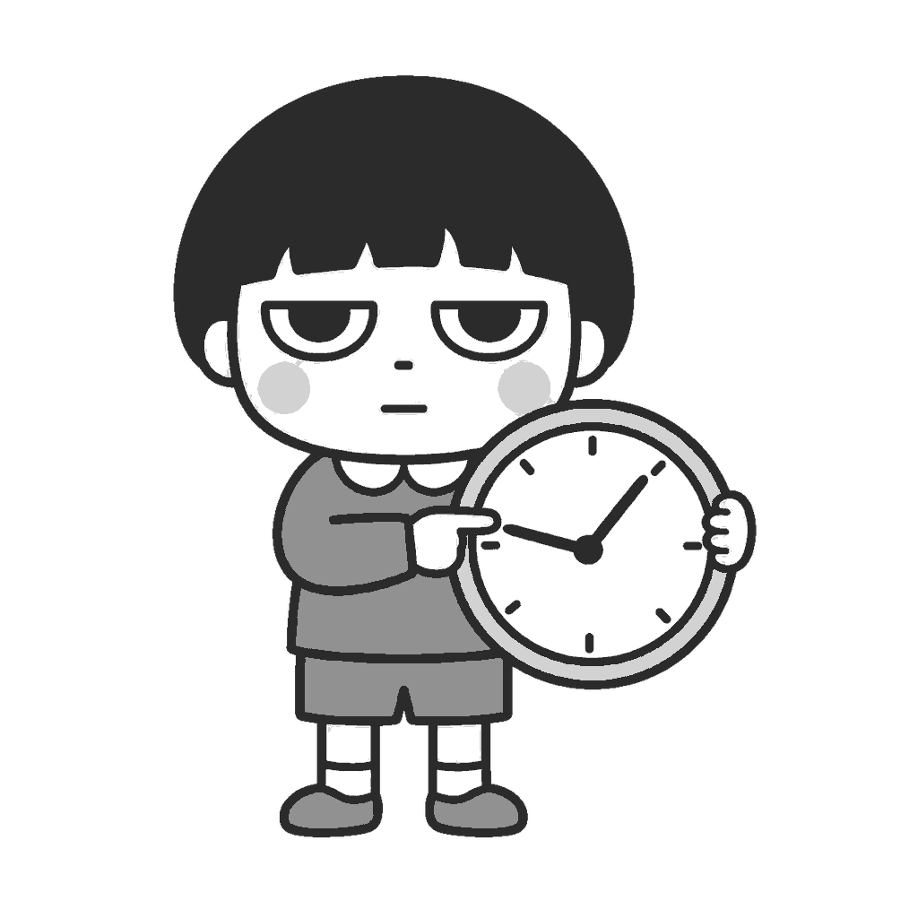 時の記念日に時計を指す子どものイラスト(モノクロ)