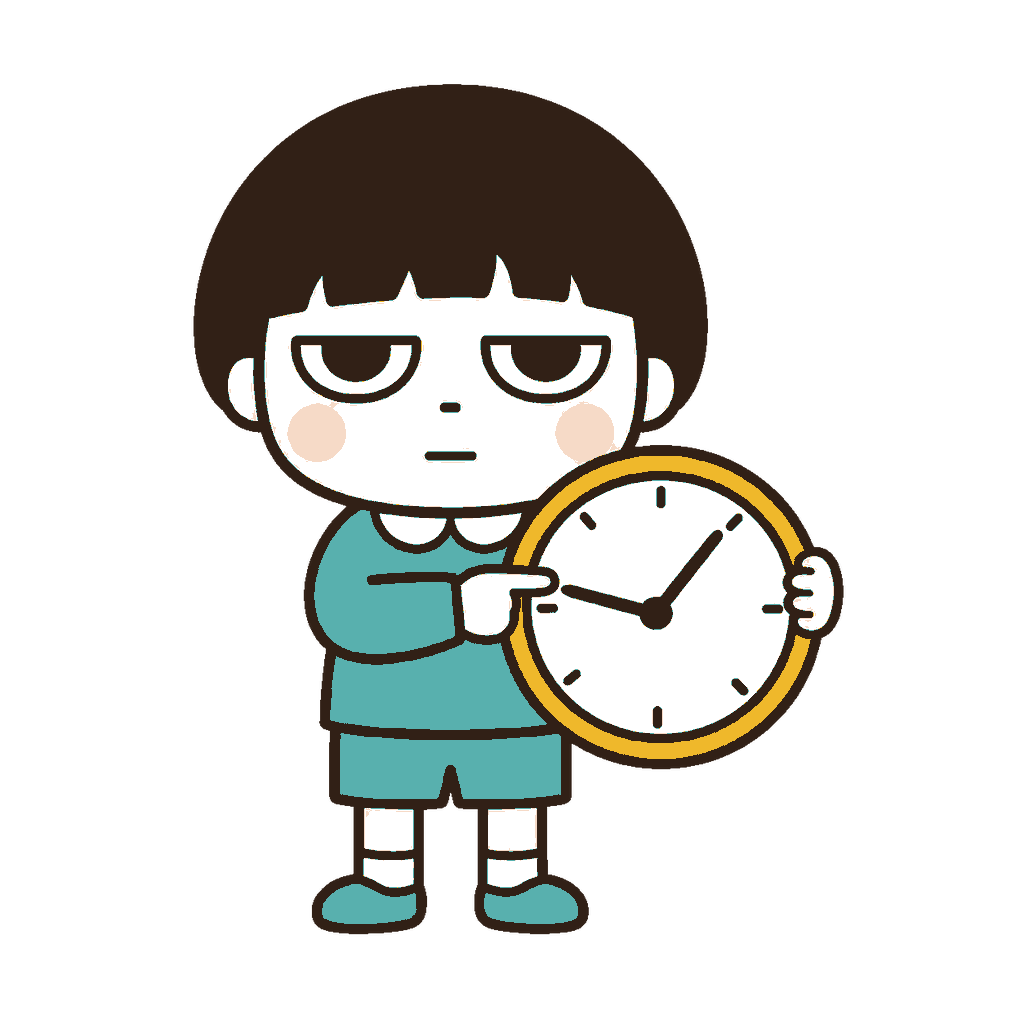 大きな数字なしのアナログ時計を持ち時計の針を指さすじとめの子どもの全身イラスト（カラー）