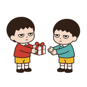 赤いリボンの白いチョコレート箱を両手で差し出す子どもと受け取ろうとする友だちの全身イラスト（カラー）