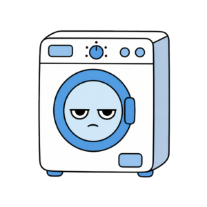 青い丸窓にじとめの顔がある白い洗濯機キャラクターのイラスト（カラー）