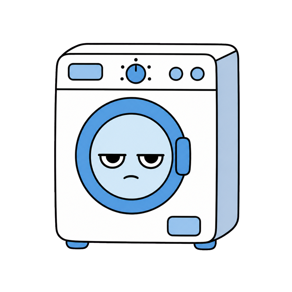 青い丸窓にじとめの顔がある白い洗濯機キャラクターのイラスト（カラー）