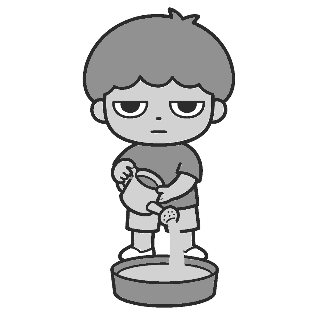 じょうろで水遊びをする子どものイラスト（モノクロ）