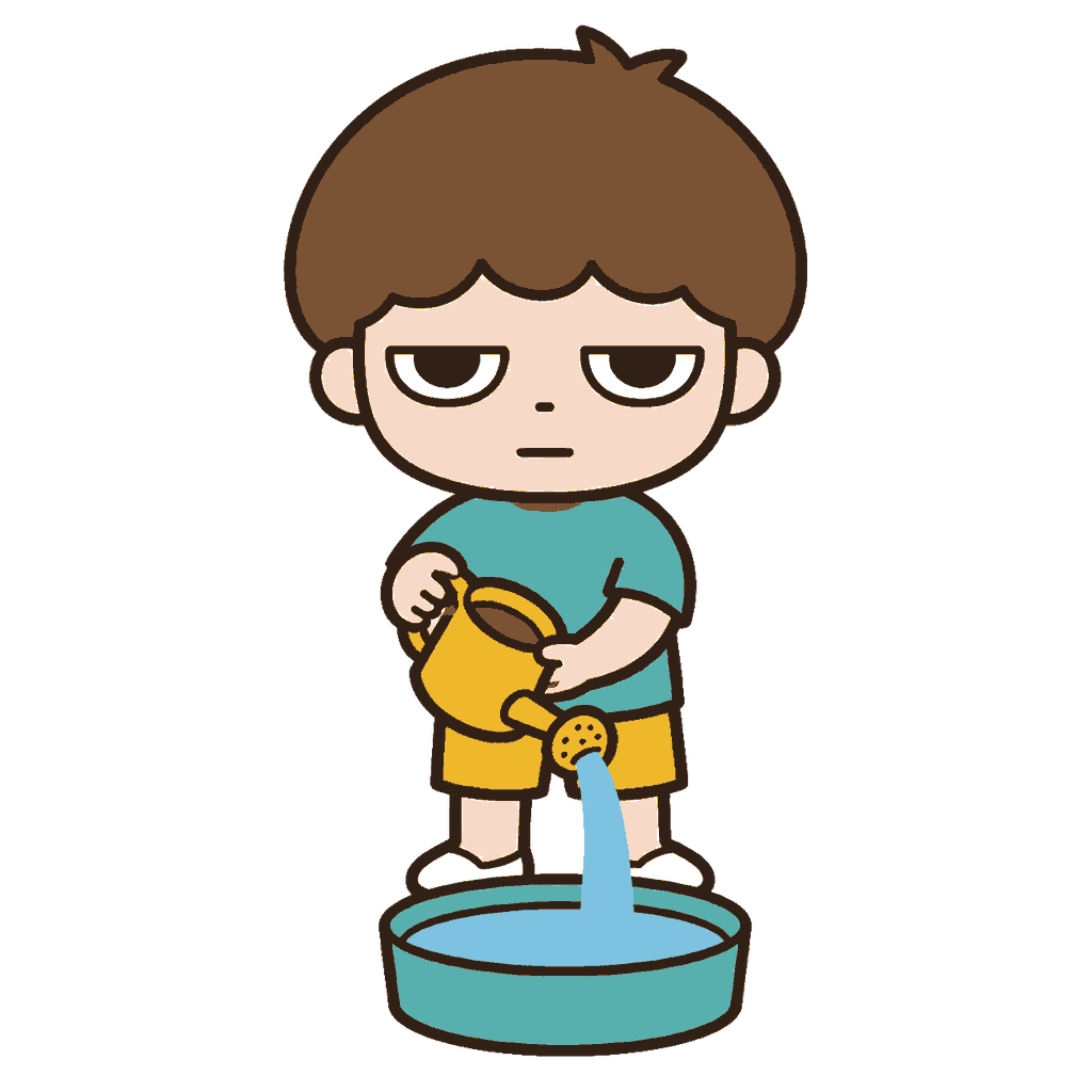 じょうろの水を丸いたらいへ注いで水遊びをするじとめの子どもの全身イラスト（カラー）