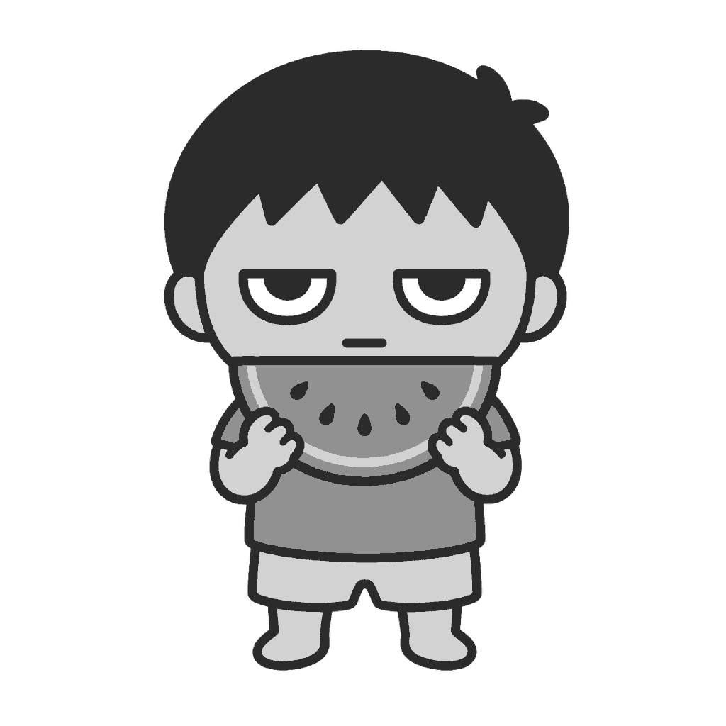 スイカを食べる子どものイラスト(モノクロ)