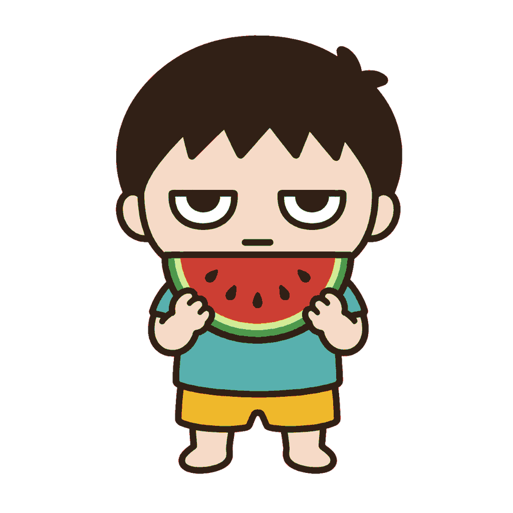 大きな三角のスイカを両手で持って食べるじとめの子どもの全身イラスト（カラー）
