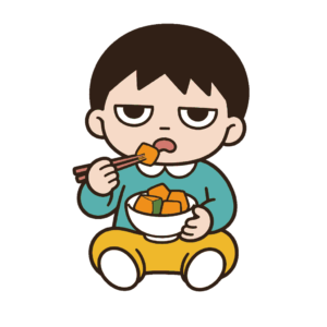 白い椀を持ち箸でかぼちゃの煮物を食べるじとめの子どもの全身イラスト（カラー）