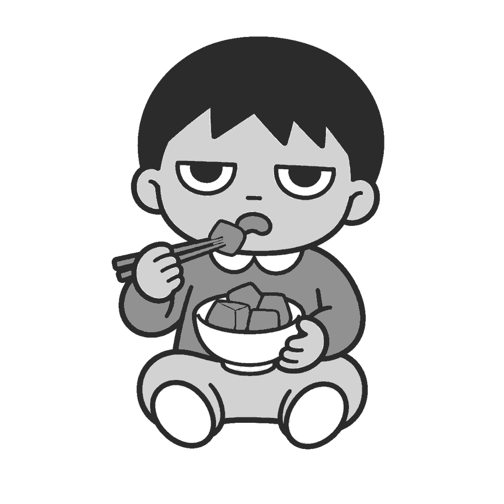 冬至にかぼちゃを食べる子どものイラスト(モノクロ)
