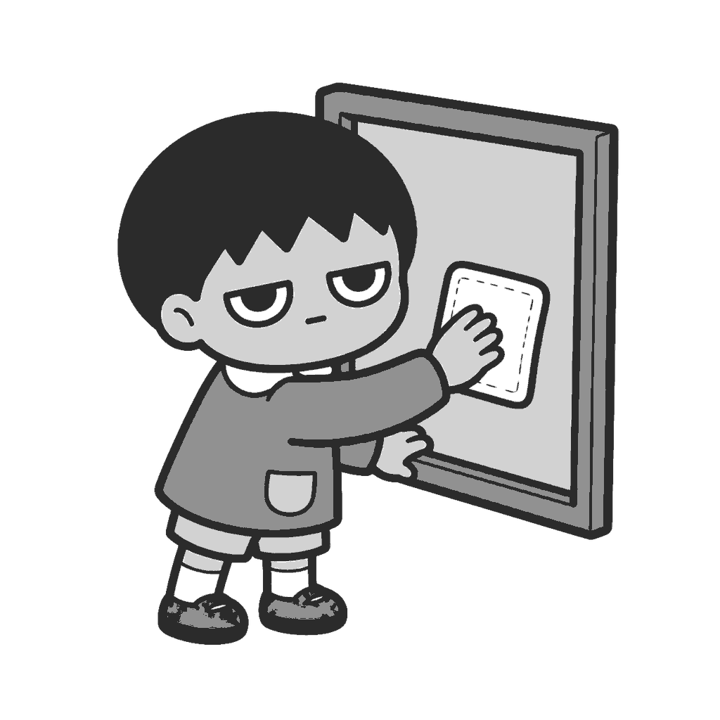 大掃除で窓を拭く子どものイラスト(モノクロ)
