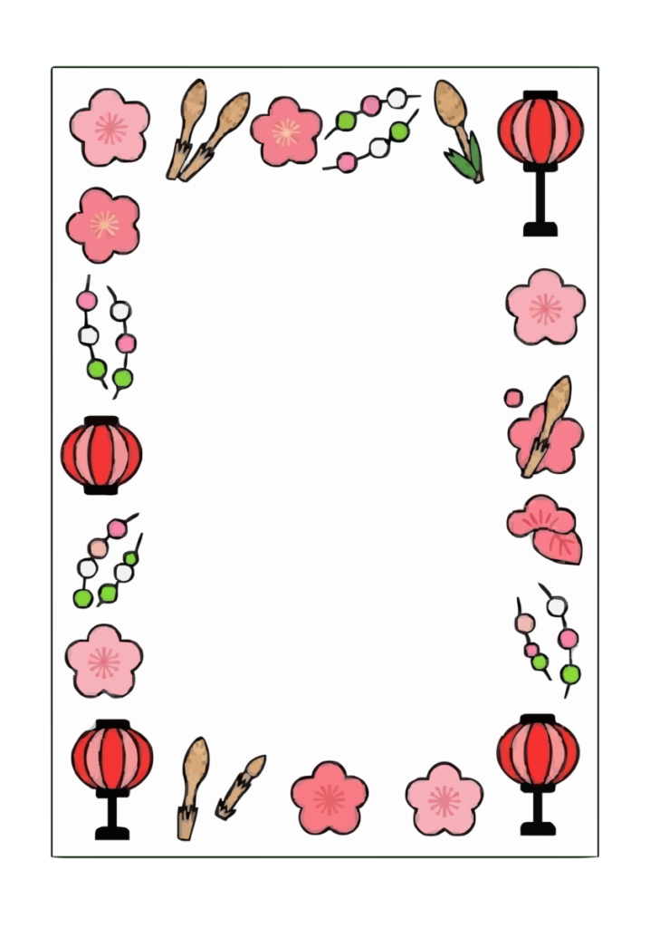 3月のA4台紙（桃の花とぼんぼり）（カラー）