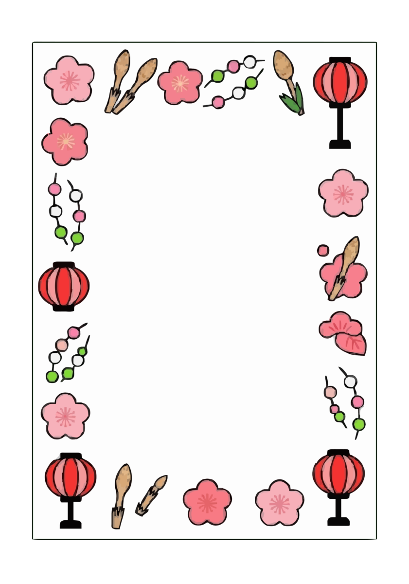 3月のA4台紙(桃の花とぼんぼり)(カラー)