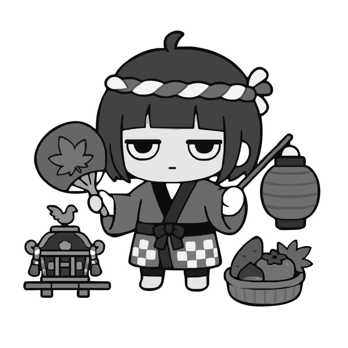 秋祭りのかわいいイラスト（秋）（モノクロ）