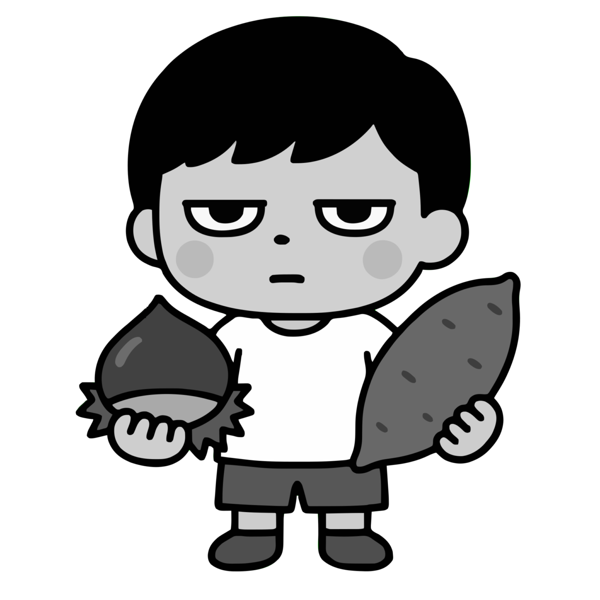 さつまいもと栗をもつ男の子のイラスト無料ダウンロード（モノクロ）