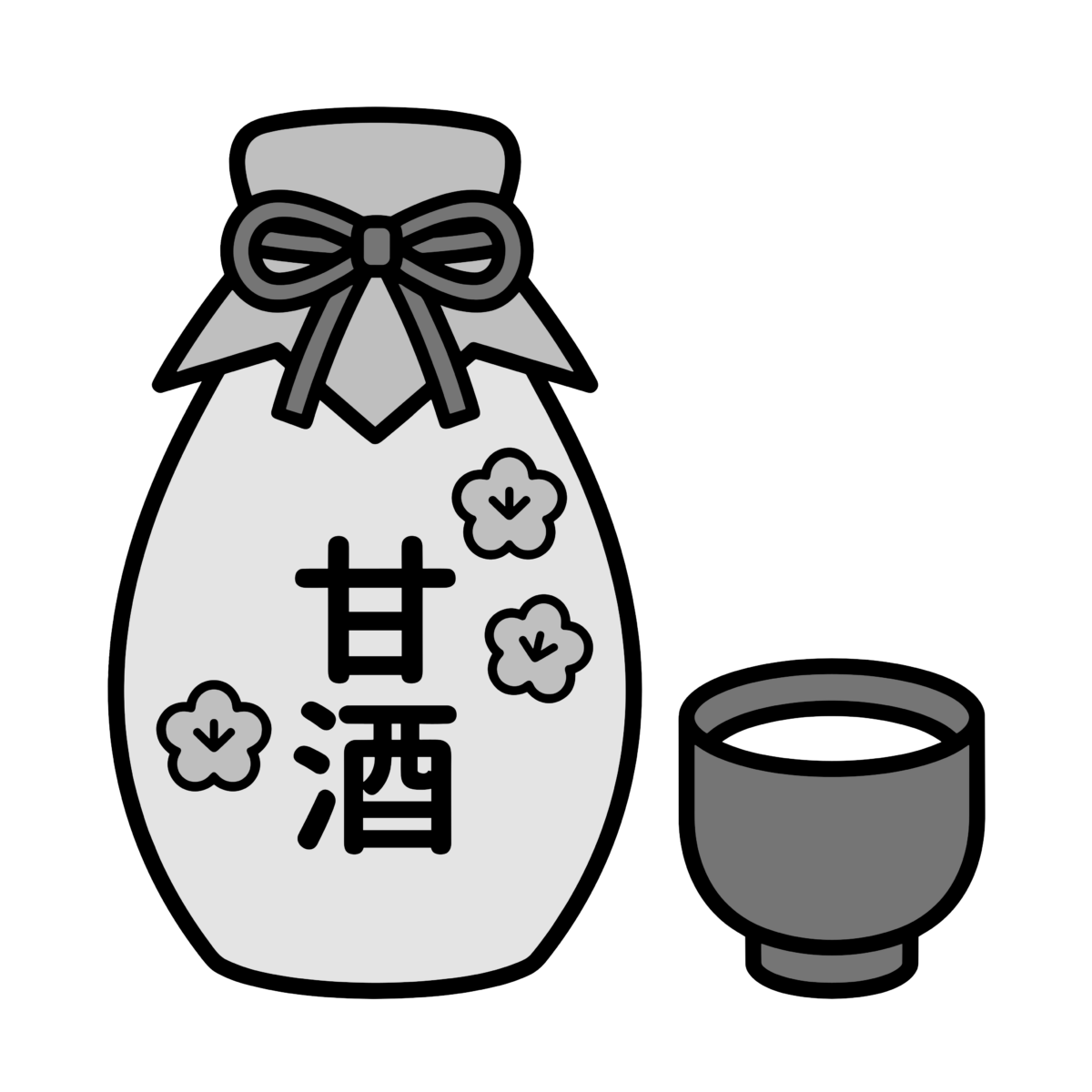 甘酒とおちょこのイラスト無料ダウンロード（モノクロ）