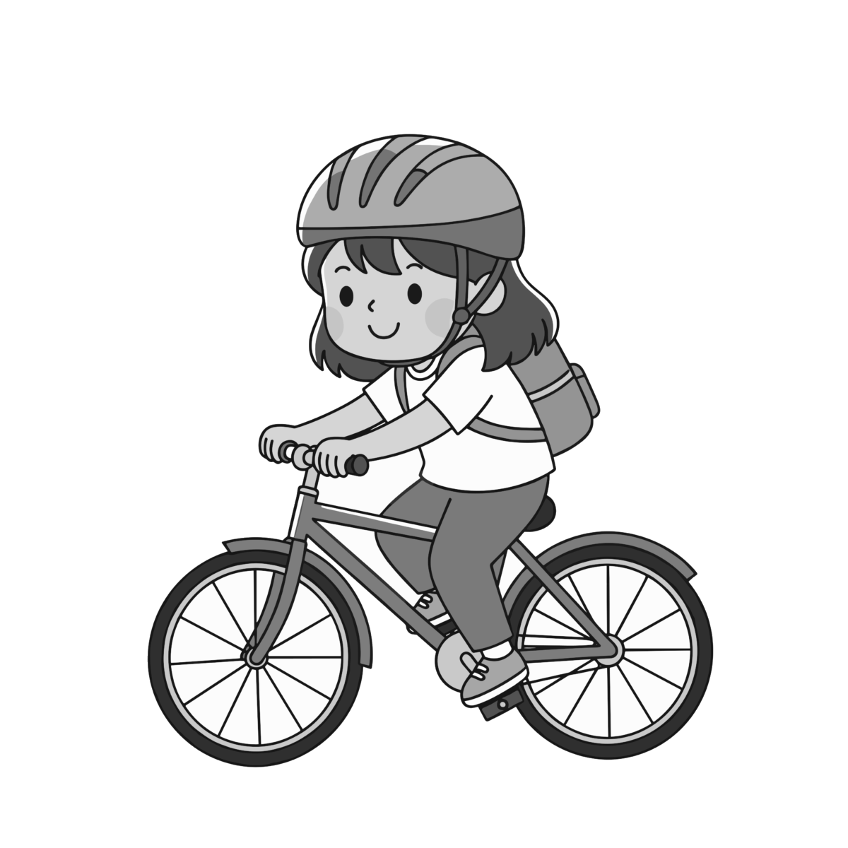 自転車に乗る女の子のイラスト無料ダウンロード（モノクロ）