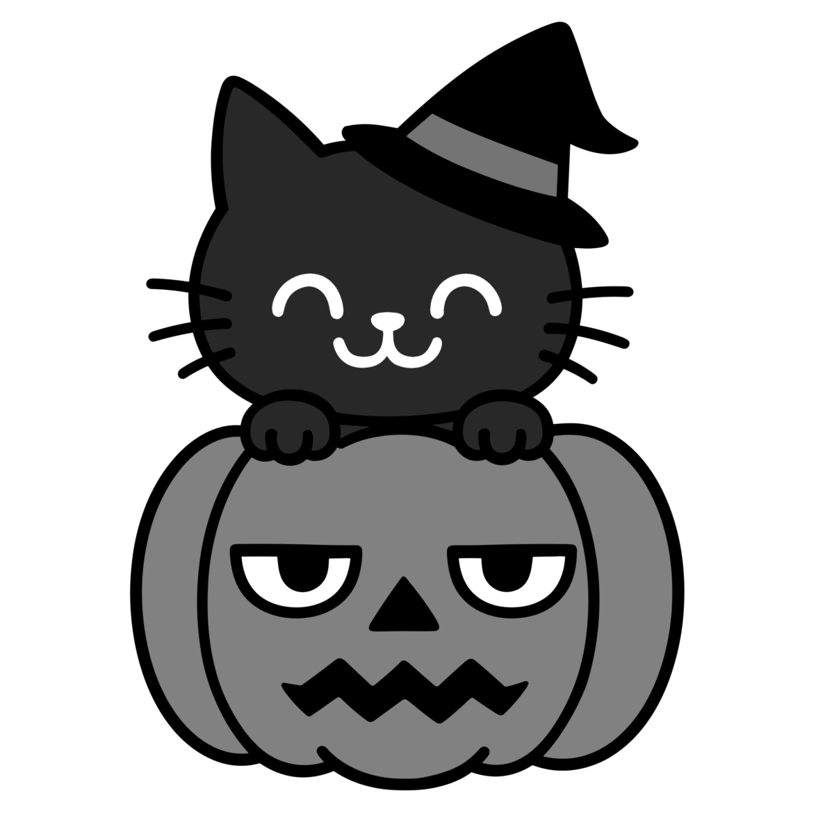 かわいい かぼちゃに笑顔で猫がのっているのイラスト無料ダウンロード（モノクロ）