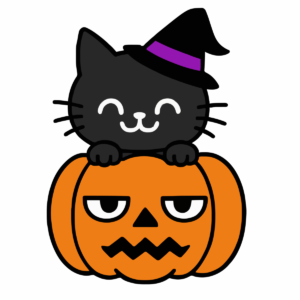 かわいい かぼちゃに笑顔で猫がのっている