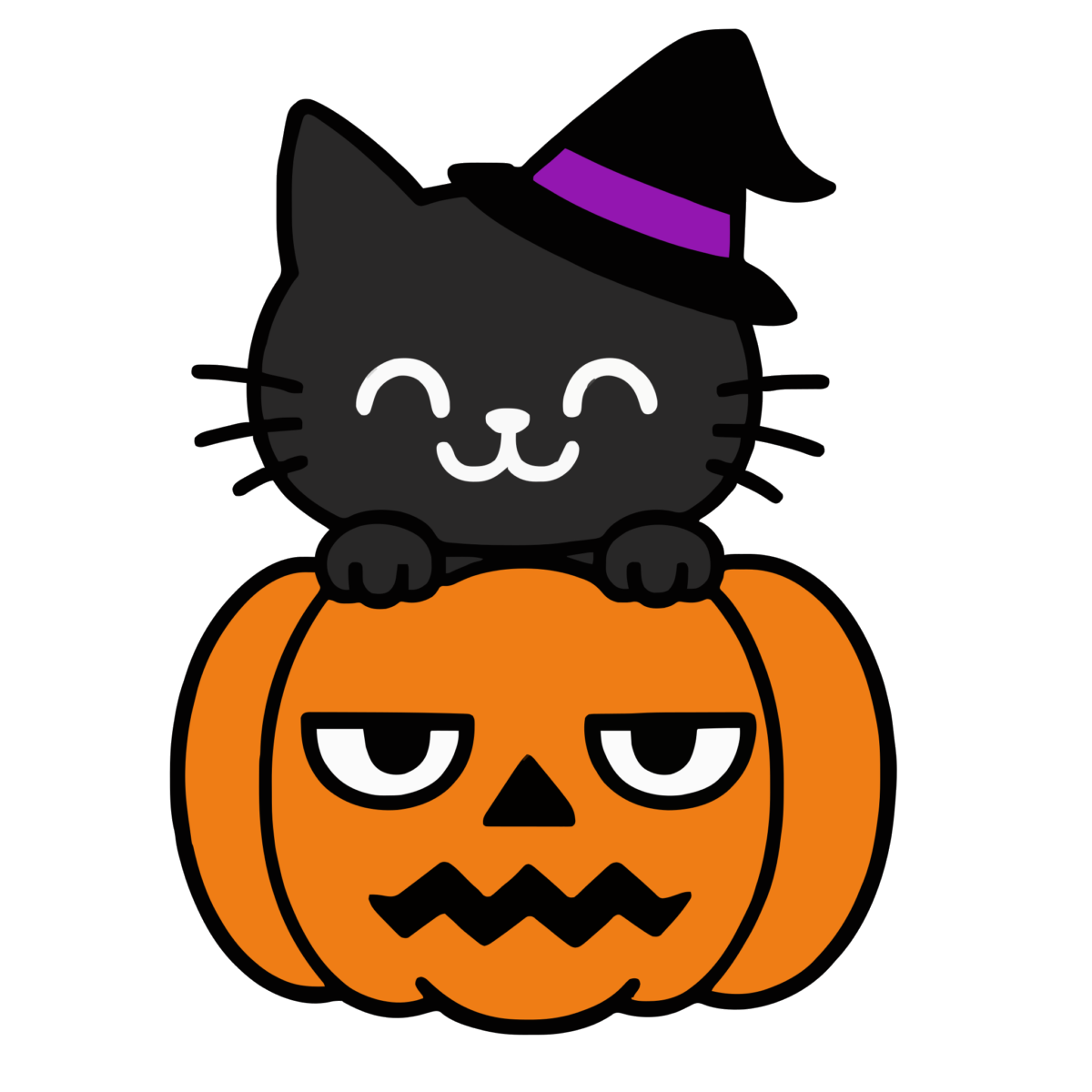 かわいい かぼちゃに笑顔で猫がのっているのイラスト無料ダウンロード（カラー）
