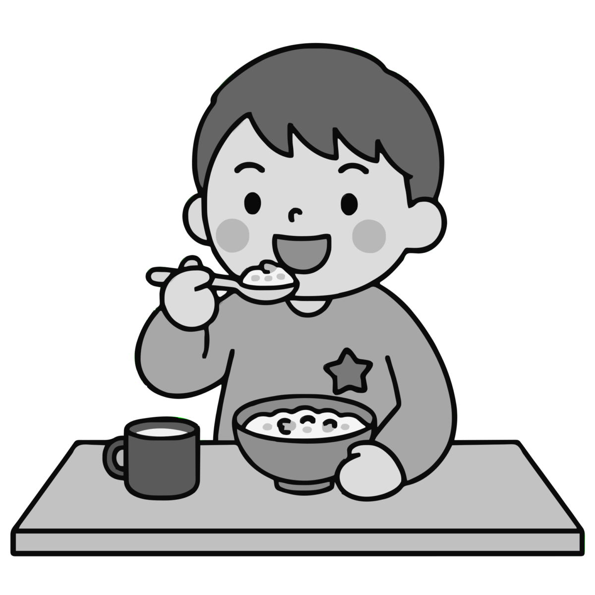 七草粥を食べる男の子のイラスト無料ダウンロード（モノクロ）