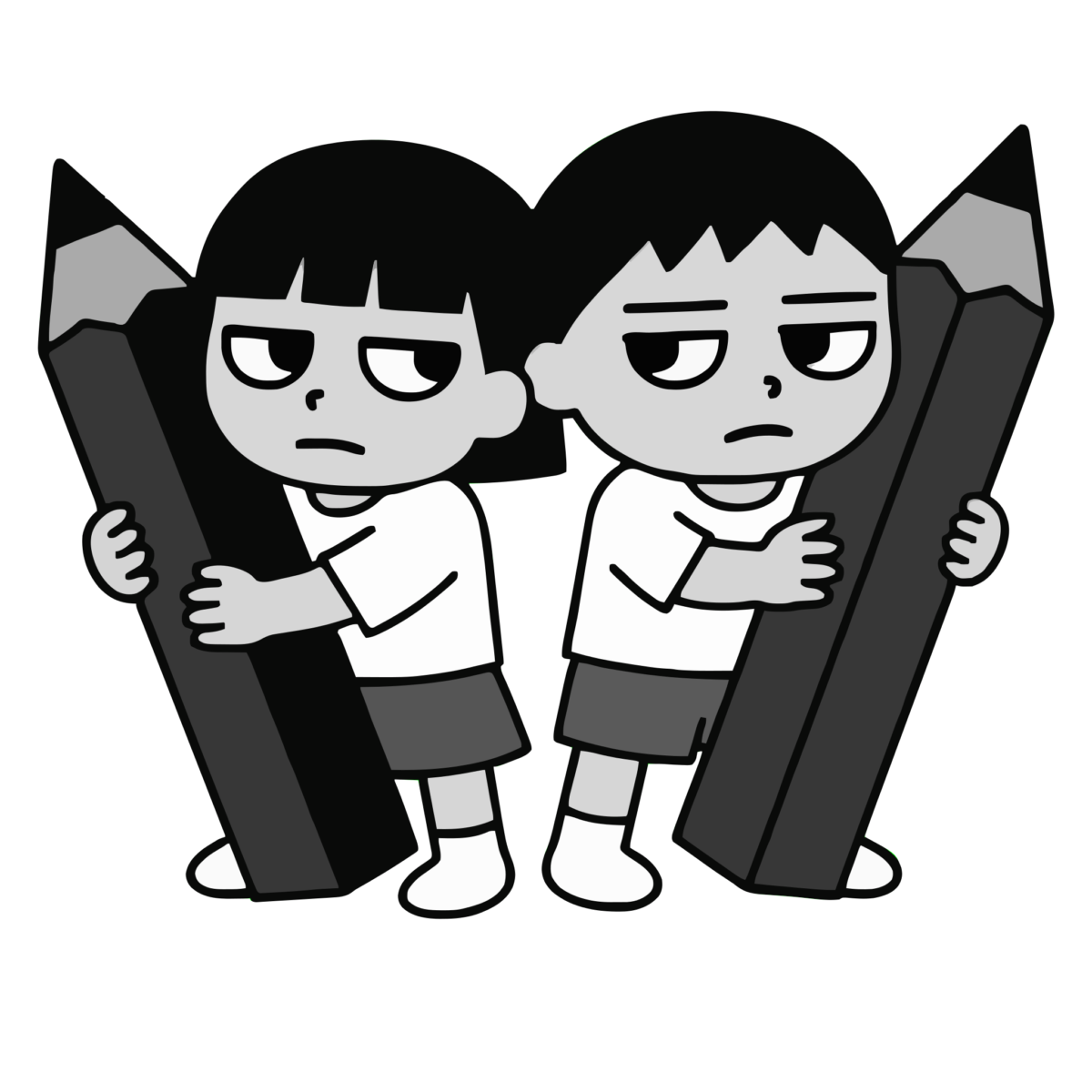 鉛筆 男の子女の子のイラスト無料ダウンロード（モノクロ）